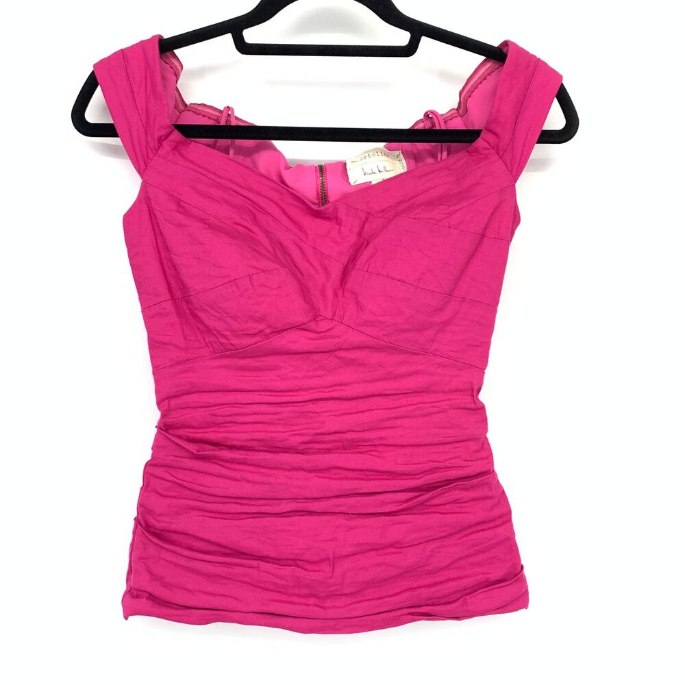 Nicole Miller Artelier Ruched Front Off Shoulder Top Womens S Hot Pink Back Zip